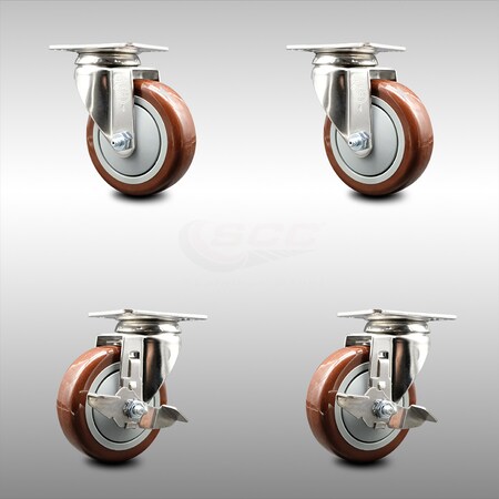 Service Caster 4 Inch 316SS Maroon Polyurethane Wheel Swivel Top Plate Caster Brakes SCC, 2PK SCC-SS31620S414-PPUB-MRN-2-TLB-2